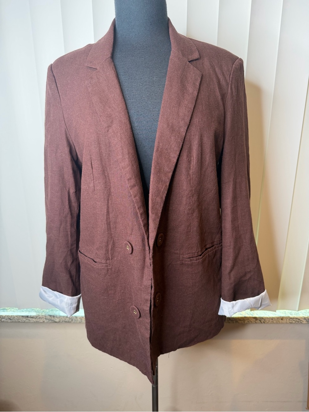 Tahari brown linen-blend double-breasted open blazer lined in stripes Size Large